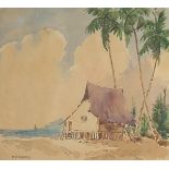 Abu Bakar Ibrahim (1925-1977) Malaysian, A dwelling on the beach with palm trees, Malaya,