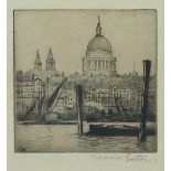 Maria Eaton, St Paul's from the Thames, etching, signed in pencil, labels verso, 2.75" x 2.75", (