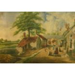 19th Century Scottish School, figures and livestock outside farm buildings, oil on canvas,