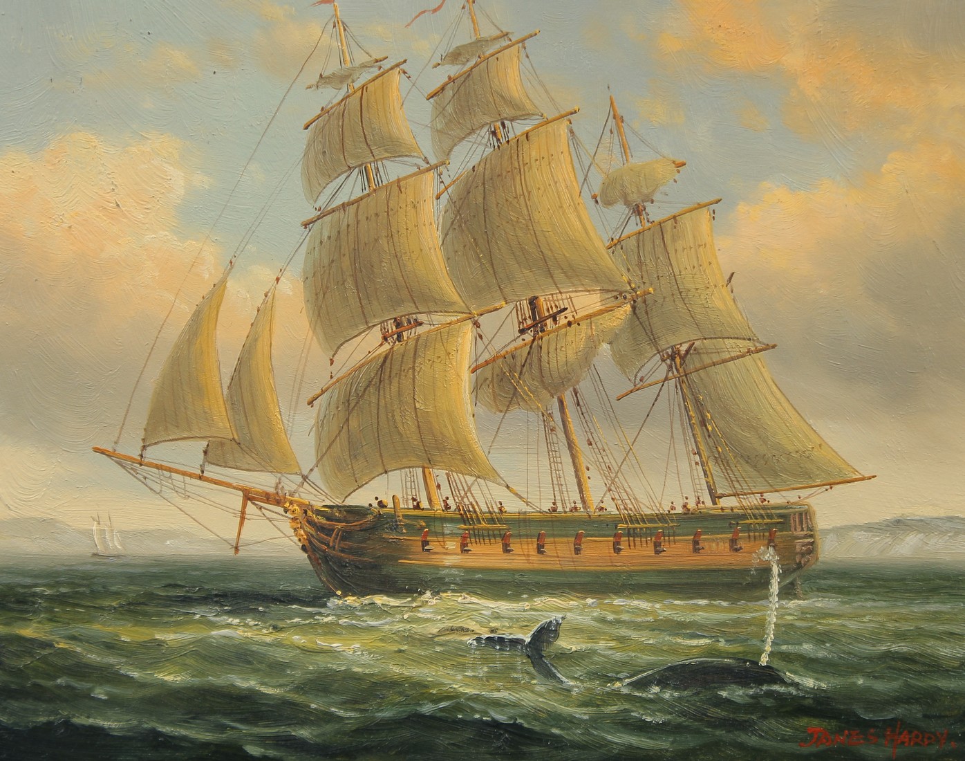 James Hardy (late 20th Century) A Clipper in full sail off the coast with a whale surfacing for air,