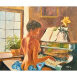 Ainsley, A nude young lady playing a piano, oil on board, signed and dated June '79, 24" x 27.