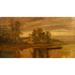 Style of Leader, A tree lined river landscape with a barge, oil on canvas, 18" x 32", (46x81cm) (