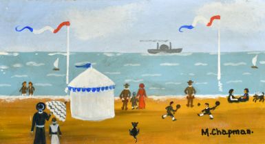 Margaret Chapman (1940-2000) British, Figures on a French beach with figures, children paddling