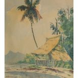 Abu Bakar Ibrahim (1925-1977) Malaysian, A dwelling with a palm tree beside water, Malaya,