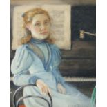 Oswald Rimmer, 'At the piano', watercolour, signed, labels verso, 12.5" x 10.5", (31.5x27cm).