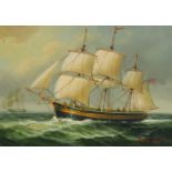 James Hardy (late 20th Century) A Man-of-War at sail off the coast and a Clipper out to sea, oils on