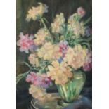 A still life of flowers in a green vase on a silver platter, oil, 16.5" x 11", (42x28cm).