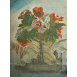 20th Century French School, a still life composition of flowers with birds, oil on canvas, 28.25"