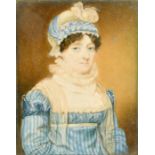 Mid-19th Century English School, a miniature portrait of a lady, watercolour on ivory, 3" x 2.25" (