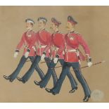 Hal Collingwood, circa 1911, a caricature of a military officer in a bearskin hat, watercolour,