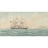 J. Susini, A clipper in choppy waters off the coast, flying the British red ensign, watercolour,