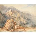 William Page (1794-1872) A coastal cliffside town with fishermen in the bay below, watercolour, 6.