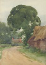 A Surrey lane with thatched barns and house, watercolour, 10" x 7", (25.5x17.5cm).