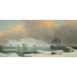 James Hardy (late 20th Century) A tall ship at anchor between icebergs and a small two-man rowing