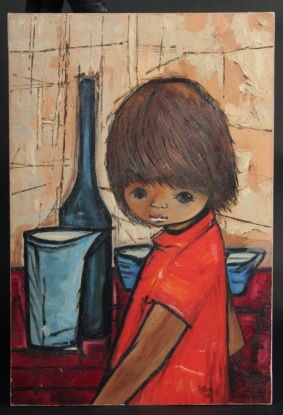 J G Dutton, circa 1968, a study of a young child, oil on canvas signed and dated, 17" x 11.5" (43 - Image 2 of 4