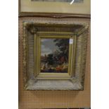 Figures in a classical landscape, colour print in a decorative gilt frame.