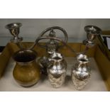 A pair of small Chinese silver vases a plated candelabra and Eastern brass vase.
