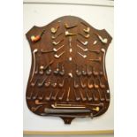 A good large collection of smoking pipes mounted on an oak shield shaped plaque.