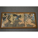Japanese wood block print of Sumo wrestlers.
