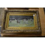 The Tennis Match, oil on board in a decorative gilt frame together with a Spy print of a cricketer.