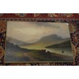 Late 19th century English School, a mountainous landscape with loch, oil on canvas, relined but