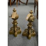 A good pair of 19th century cast brass chenets with three scrolling supports and base, 1' 5" high