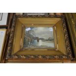 Tom Scott, figures by a river with a derelict bridge, watercolour, an engraving and framed group