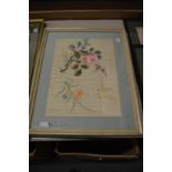 A set of three Chinese embroidered pictures depicting birds, insects and flowers.
