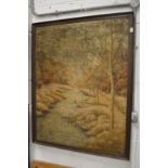 A large Oriental embroidered picture of a wooded river landscape.