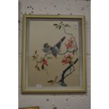 Japanese school, two birds on a cherry blossom tree, embroidered picture.