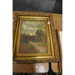 Rural scenes with buildings and trees, oil on canvas, a pair with decorative gilt frames.