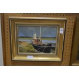 Peter Hutchins, oil painting of a moored fishing boat, oil on board.