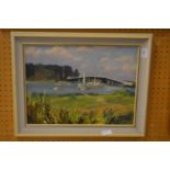 Anne Toms, Yachts on a river, with a bridge beyond, oil on board, signed.