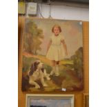 Portrait of a young girl wearing a white dress a dog by her side, oil on canvas, unframed.