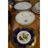 A cabinet plate decorated with butterflies, a Doulton floral decorated bowl and a Samson bowl.