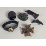 THREE JET BROOCHES, A CROSS, LOCKET AND BRACELET. 60gms.