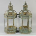 A PAIR OF OCTAGONAL LANTERNS with crown finials. 2ft high