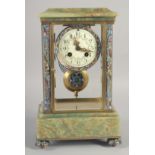 A GOOD 19TH CENTURY FRENCH ONYX AND CHAMPLEVE ENAMEL CLOCK with glass sides and door with bob