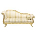 A REGENCY STYLE GILTWOOD CHAISE LOUNGE upholstered with a classical cream ground fabric. 6ft 6ins