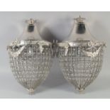 A PAIR OF GLASS ACORN SHAPED HANGING LIGHTS. 1ft 7ins high.