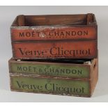 TWO WOODEN TWO HANDLED CHAMPAGNE CRATES.