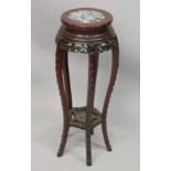 A CHINESE REDWOOD AND MARBLE TOP JARDINIERE STAND. 2ft 8ins x 10ins.