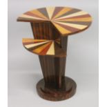 A STYLISH ART DECO STYLE SEGMENTED INLAID TWO TIER TABLE. 1ft 11.5ins x 2ft 2ins high.