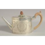 A GEORGE III SILVER OVAL TEA POT with engraved decoration and cres. London 1785. Intaglio mark,