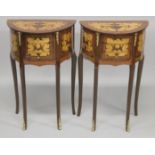 A PAIR OF FRENCH STYLE MARQUERTY DEMI-LUNE THREE DRAWER TABLES. 1ft 6ins wide x 10ins deep x 2ft