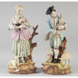 A LARGE PAIR OF CONTINENTAL PORCELAIN FIGURES OF A YOUNG MAN AND A YOUNG LADY with sheep at their