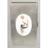 A GOOD LARGE HEAVY ENGINE TURNED CIGARETTE CASE with and oval enamel of a glamour girl. 5.5ins x