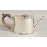 A GOOD GEORGE III SILVER OVAL DRUM TEA POT AND COVER with engraved decoration and crest. London