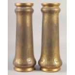 A SUPERB PAIR OF VAL ST. LAMBERT - GALVAND PLASTIE METAL AND ENAMAL VASES. 13ins.