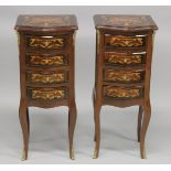 A PAIR OF FRENCH STYLE MARQUERTY FOUR DRAWER CHESTS. 1ft 1.5ins wide x 12ins deep x 2ft 8ins high.